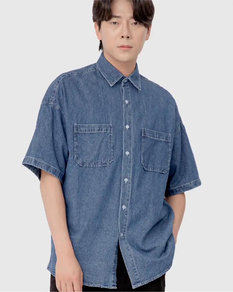 오버핏 스톤 워싱 반소매 데님 셔츠