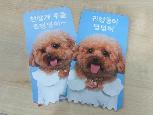 Cinema Ticket Purchased 5.5 x 2.8 inch 제작 후기 I customized the M-type ticket with a photo of my dog, and it was prettier than I expected and I was really satisfied! 
The front has a subtle glossy coating finish, so it looks much more luxurious in person, and the print quality is also very clean. 
The customization process is simple, so anyone can easily make it if they have a precious photo, which is a big advantage. 
It felt even more special because I could keep my cute dog in such a pretty way. 
It feels like my one and only ticket! I definitely recommend it for collection or as a gift :) 
* This is a review written by an employee after actual use. - 마플 리얼 후기 