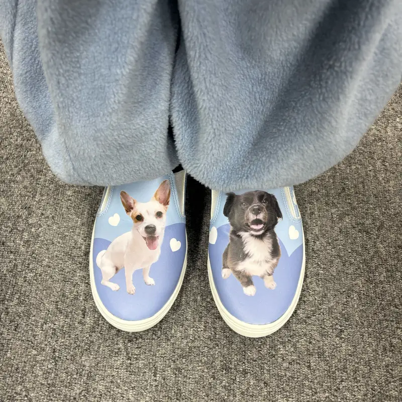 Custom Slip-ons (S) Purchased M5.5 / W7 제작 후기 Slip-on custom products, can they be made pretty? I was a little worried when I ordered them, but I am really satisfied beyond my expectations! 
I filled them with photos of my family dog and decorated them with sky blue and heart patterns, and when I received them, both the dog photos and colors were expressed clearly, so they came out really well. 
Everything except the sole of the slip-on can be designed, and the overall design is so pretty and well-made that it is a complete custom shoe! 
I usually wear size 235, and the slip-on S size 240 fit me comfortably. The product itself was really comfortable to wear. 
Thanks to the unique convenience of slip-ons, they are easy to put on and take off, and the shoes are light and comfortable on the feet. The flexible and durable material makes them great as daily shoes! 
This is a custom product that I really, really want to recommend. I recommend it to anyone who wants to make their own unique shoes or to give a really special gift. 
I bought these as walking shoes to wear with my dogs twice a day, and I am so excited! I'll make a happy walking path 🏃🏻‍♀️✨ 

* This is a review written by an employee after actual use.- 마플 리얼 후기