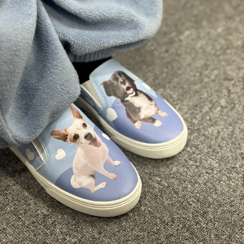 Custom Slip-ons (S) Purchased M5.5 / W7 제작 후기 Slip-on custom products, can they be made pretty? I was a little worried when I ordered them, but I am really satisfied beyond my expectations! 
I filled them with photos of my family dog and decorated them with sky blue and heart patterns, and when I received them, both the dog photos and colors were expressed clearly, so they came out really well. 
Everything except the sole of the slip-on can be designed, and the overall design is so pretty and well-made that it is a complete custom shoe! 
I usually wear size 235, and the slip-on S size 240 fit me comfortably. The product itself was really comfortable to wear. 
Thanks to the unique convenience of slip-ons, they are easy to put on and take off, and the shoes are light and comfortable on the feet. The flexible and durable material makes them great as daily shoes! 
This is a custom product that I really, really want to recommend. I recommend it to anyone who wants to make their own unique shoes or to give a really special gift. 
I bought these as walking shoes to wear with my dogs twice a day, and I am so excited! I'll make a happy walking path 🏃🏻‍♀️✨ 

* This is a review written by an employee after actual use.- 마플 리얼 후기