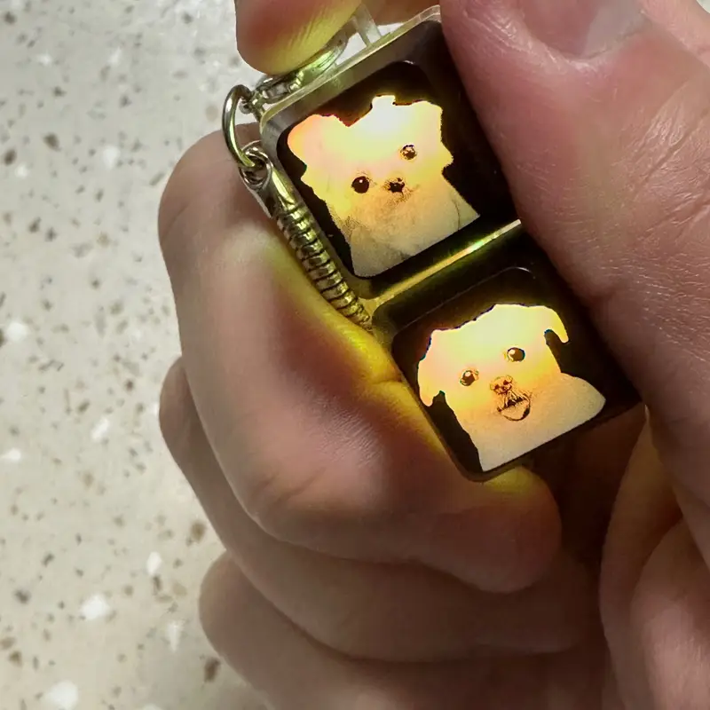 LED Keycap Keyring White (2 unit)  Purchased 1.8 x 1.8 x 1.1 cm 제작 후기 I was worried that the image I was going to make would be a photo, so it wouldn't be expressed well, but it was made clearly and it's really pretty >_< 
When you're absentminded or need healing, when you press the keycap, it makes a cute clicking sound and the rats sparkle, so it's twice as cute :) 
I really like that the rainbow colors make the color change like a pulse when you press it! 
These days, when decorating is popular, it's not a common keyring that everyone carries around, so it would be great to make it as a unique gift and give it to someone around you~!! 

*This is a review written by an employee after actual use.- 마플 리얼 후기