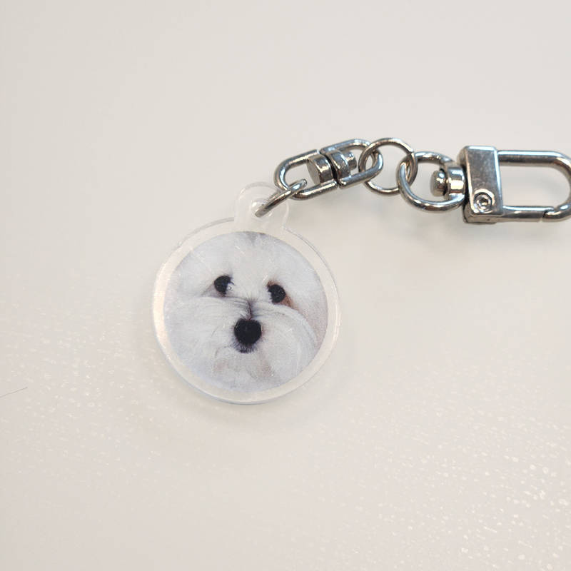 Circle Acrylic Key Ring (Clear) Purchased 11.81 x 14.17 inch 제작 후기 I made it to hang on a puppy kindergarten bag 
So cute! 😍 
Even though it's a small size 
The quality is good without any broken print pixels or crackling 

🧙‍♀️This is a review written after actually using the product provided as part of the Maple Supporters activity 
- 마플 리얼 후기